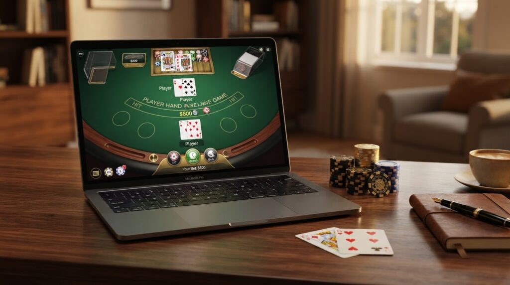 Casino Trực Tuyến: Cẩm Nang Giải Trí Kỹ Thuật Số An Toàn Giao diện trò chơi casino trực tuyến sang trọng trên laptop với chip cược và bài tây