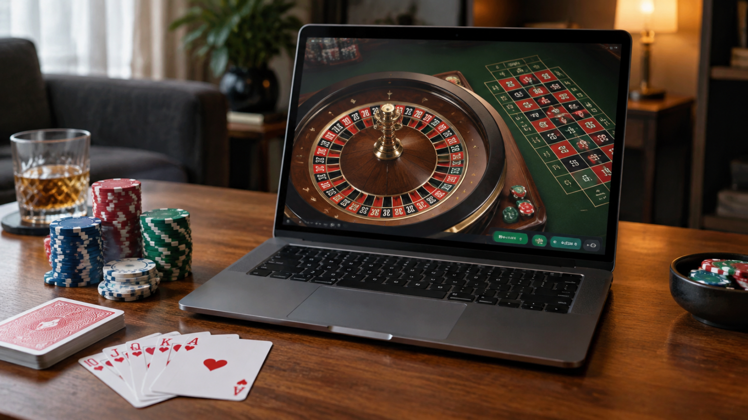 A Game-Focused Guide to online casino Singapore Laptop showing an online casino roulette game beside playing cards and casino chips