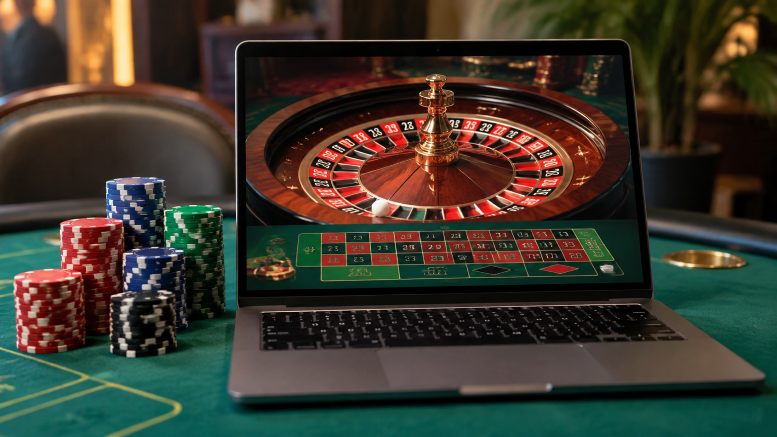 ライブカジノのゲーム選びで確認したいルールと配当 Laptop displaying an online casino roulette game beside casino chips on green felt