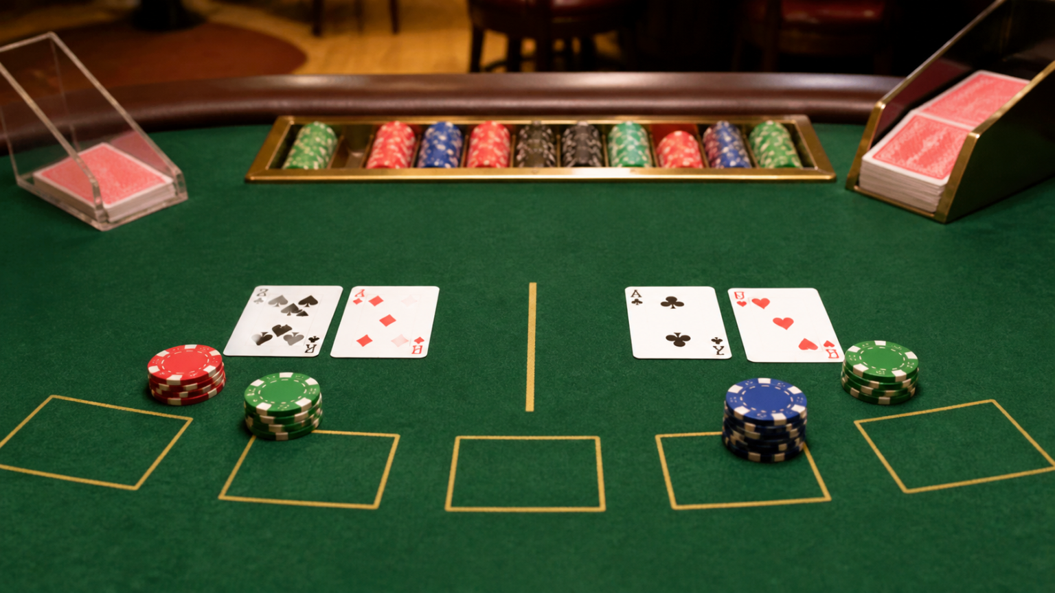 Exploring Online Casino Singapore: Games, Features, and Platforms Bàn baccarat với bài và phỉnh trên mặt bàn nỉ xanh