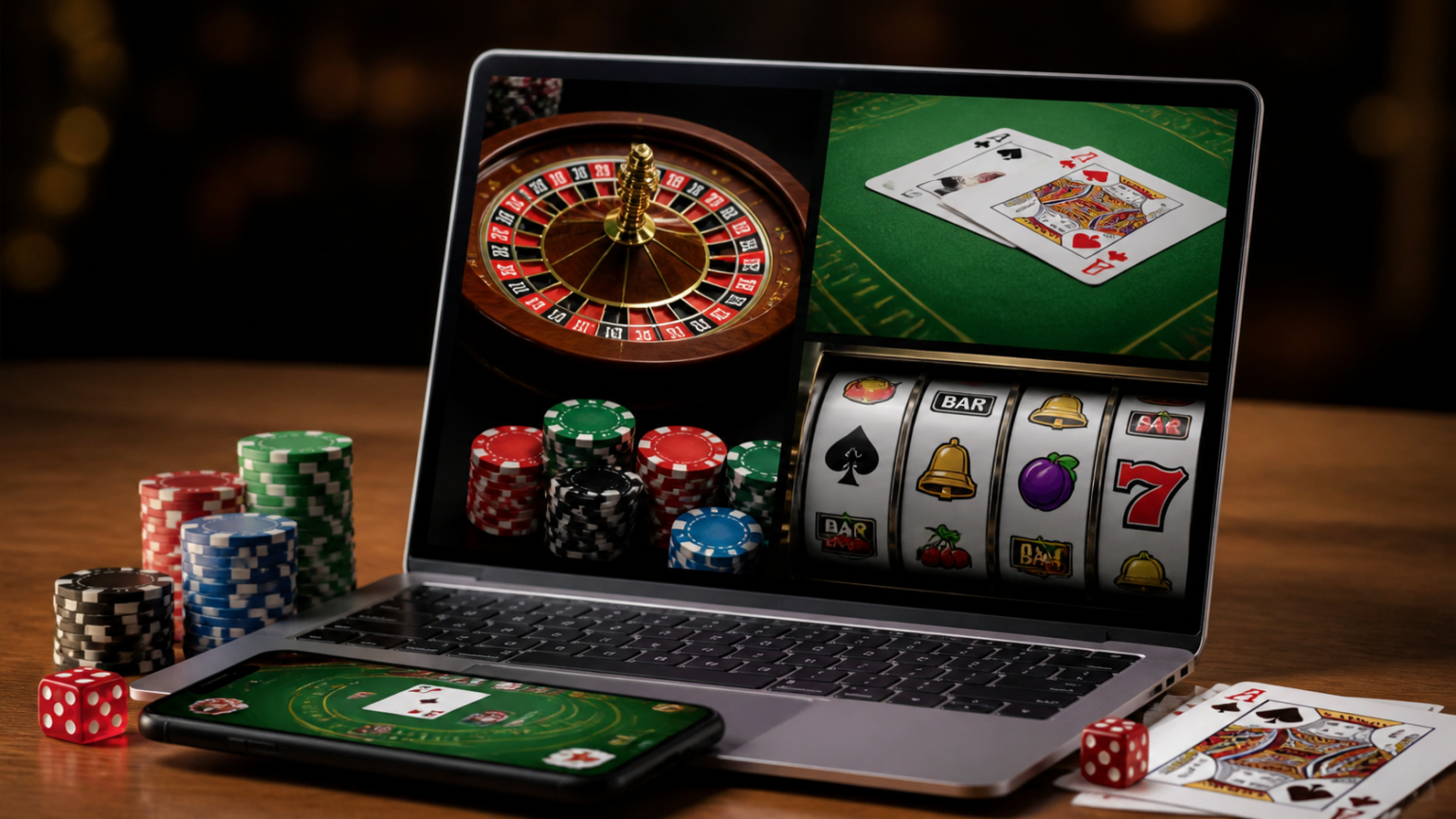 โป๊กเกอร์ออนไลน์: สิ่งที่ควรรู้เกี่ยวกับระบบฝากถอนและค่าธรรมเนียม Online casino site shown on a laptop with game icons