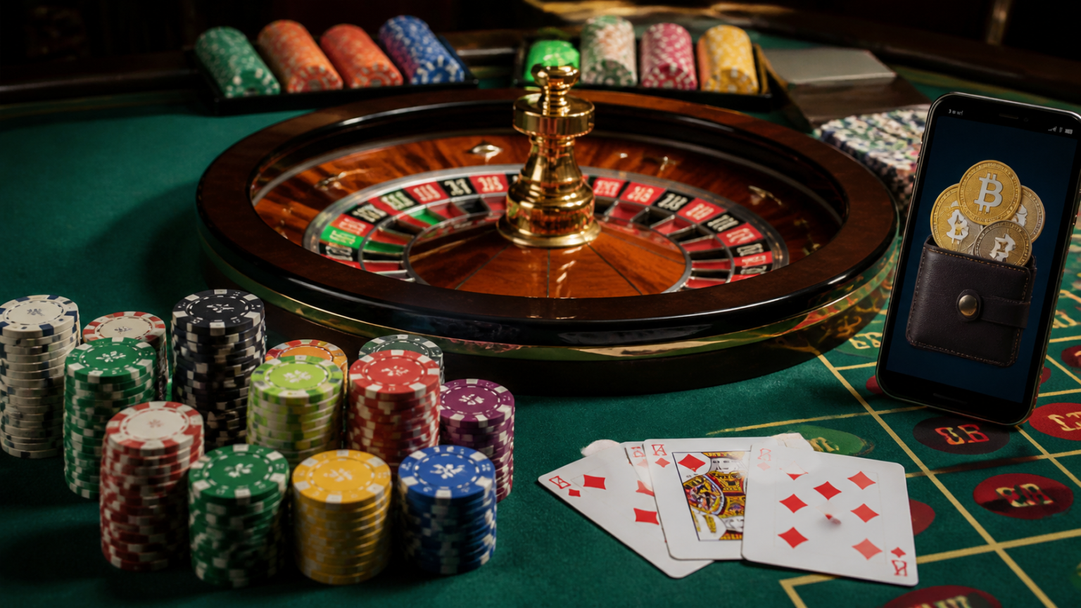Casino table with roulette wheel, cards, chips, and a digital wallet screen