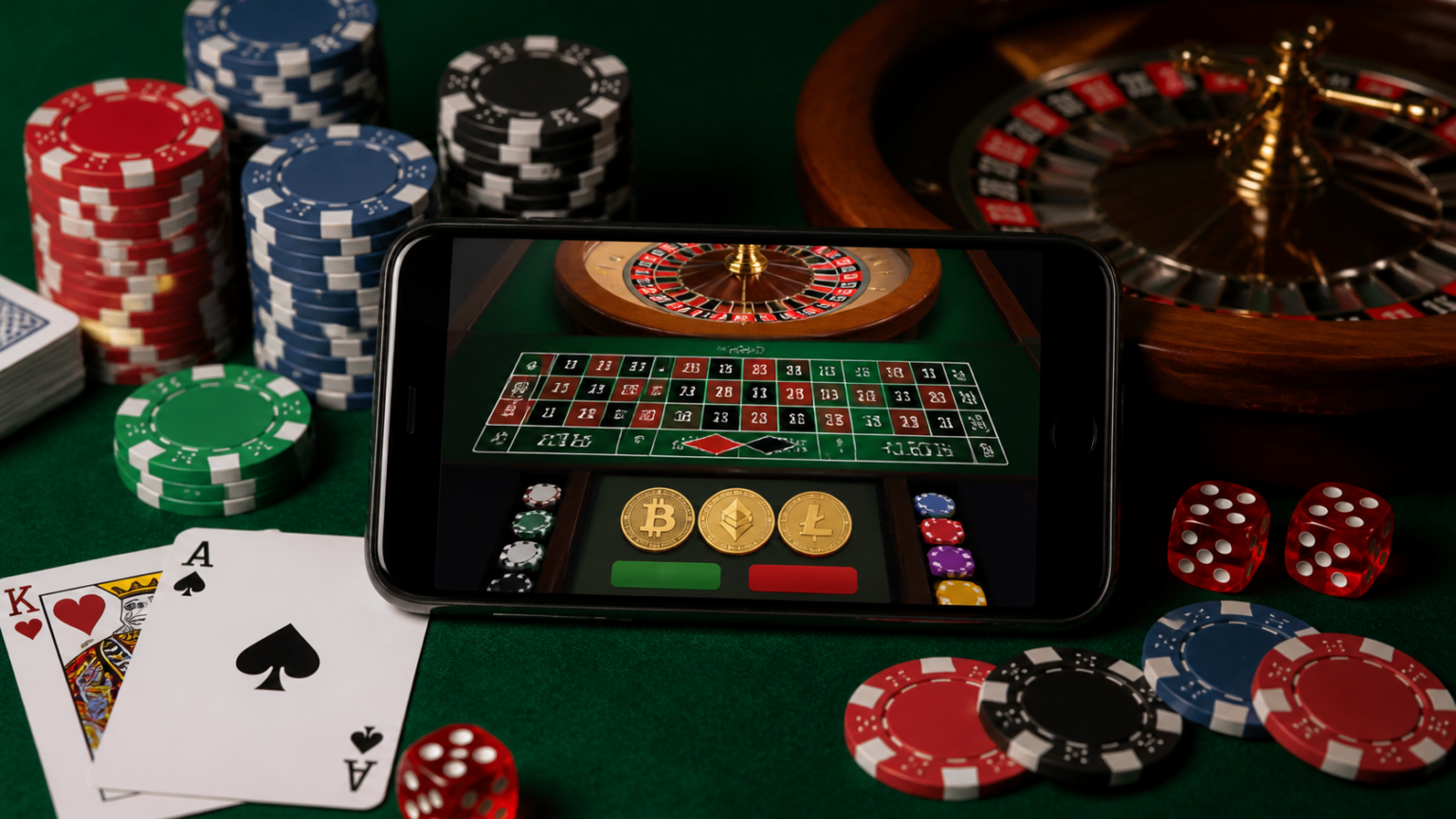Casino gaming table with a smartphone showing a crypto casino interface