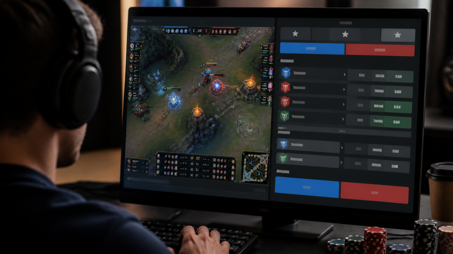 เดิมพันอีสปอร์ตอย่างเข้าใจ: อ่านเกม ข้อมูล และความเสี่ยง หน้าจอการแข่งขันอีสปอร์ตพร้อมข้อมูลอัตราต่อรองบนโต๊ะ