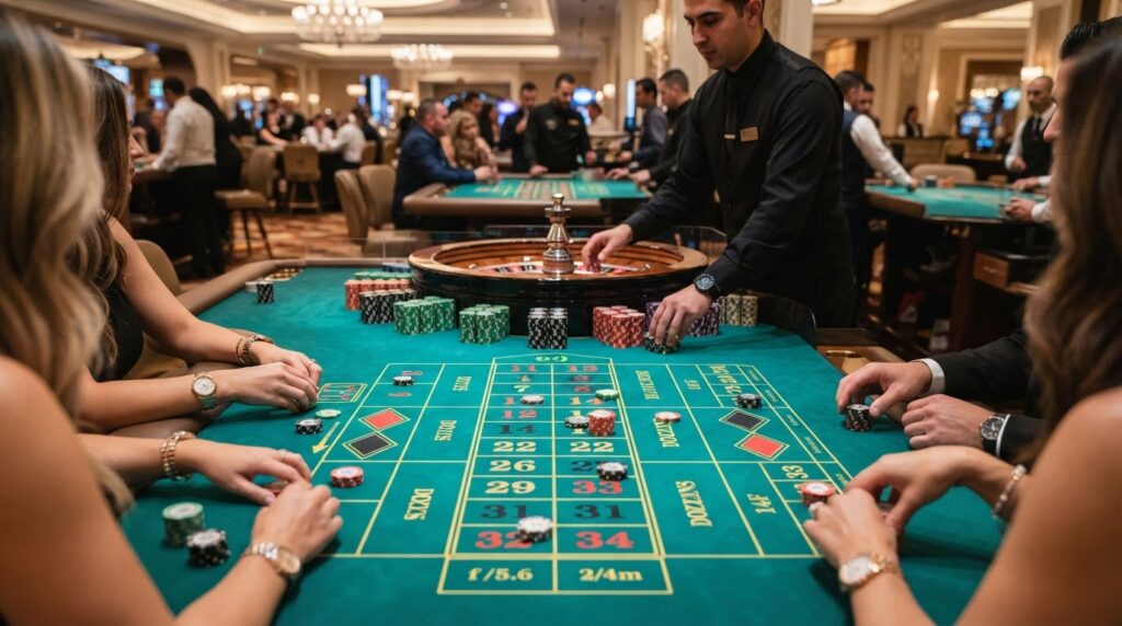 A luxury casino roulette table featuring numbered slots, playing cards, and stacked gaming chips.