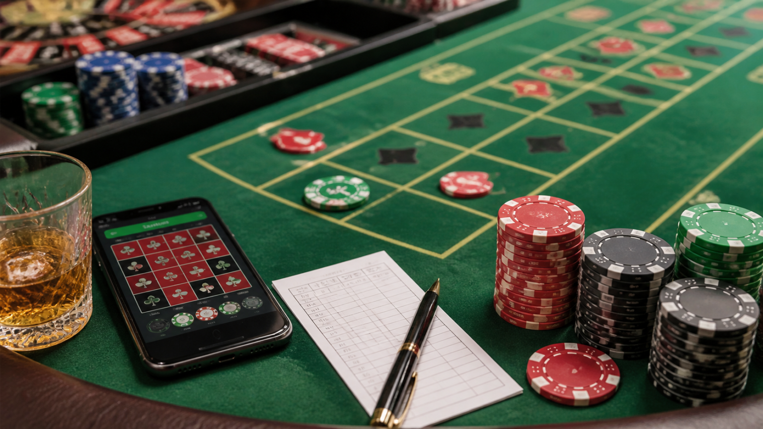 仮想通貨 カジノでSlots Casinosを選ぶ際に注目したいゲームバリエーション Casino table with chips and a phone showing online betting