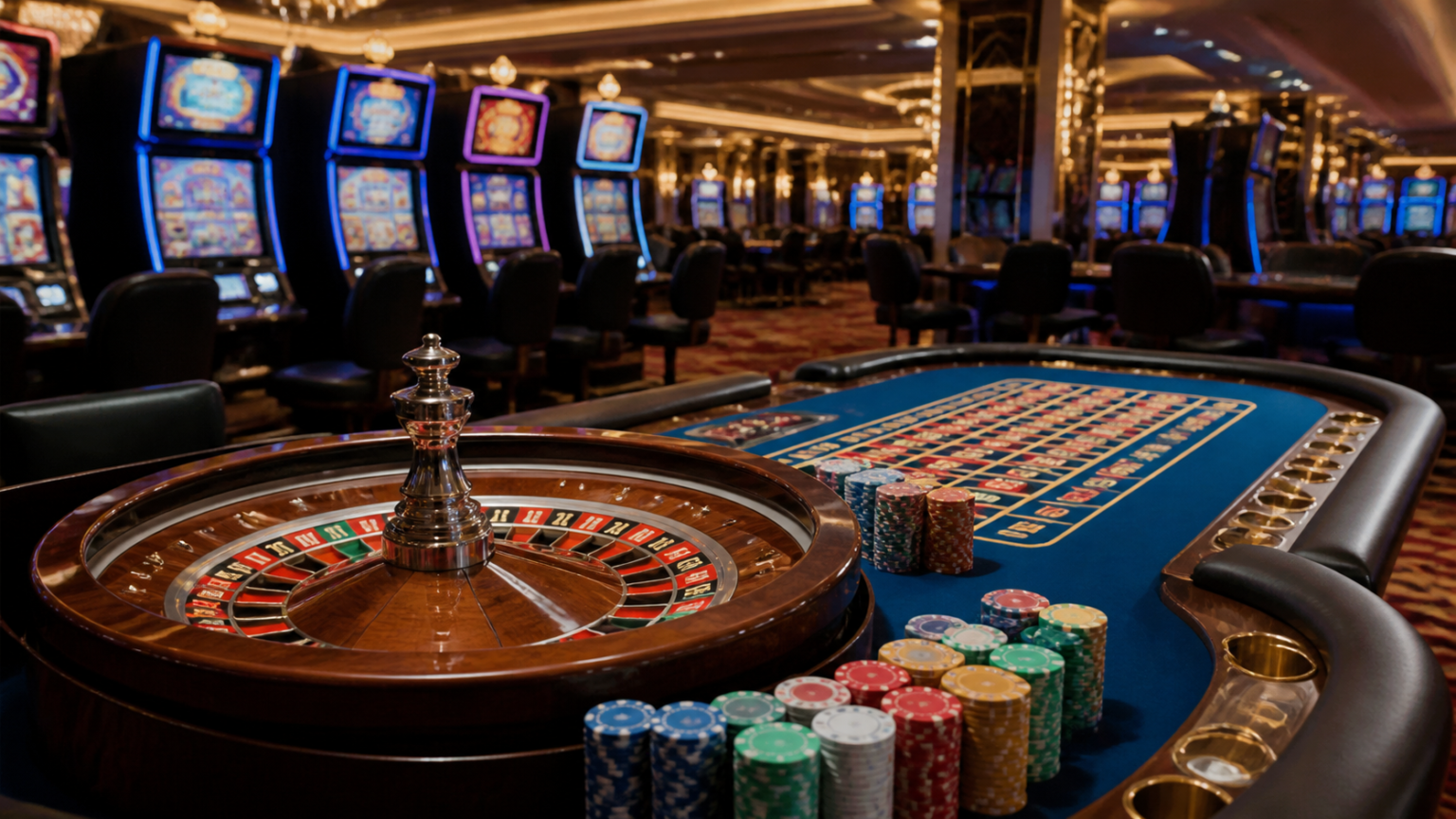 Casino roulette table with slot machines in the background
