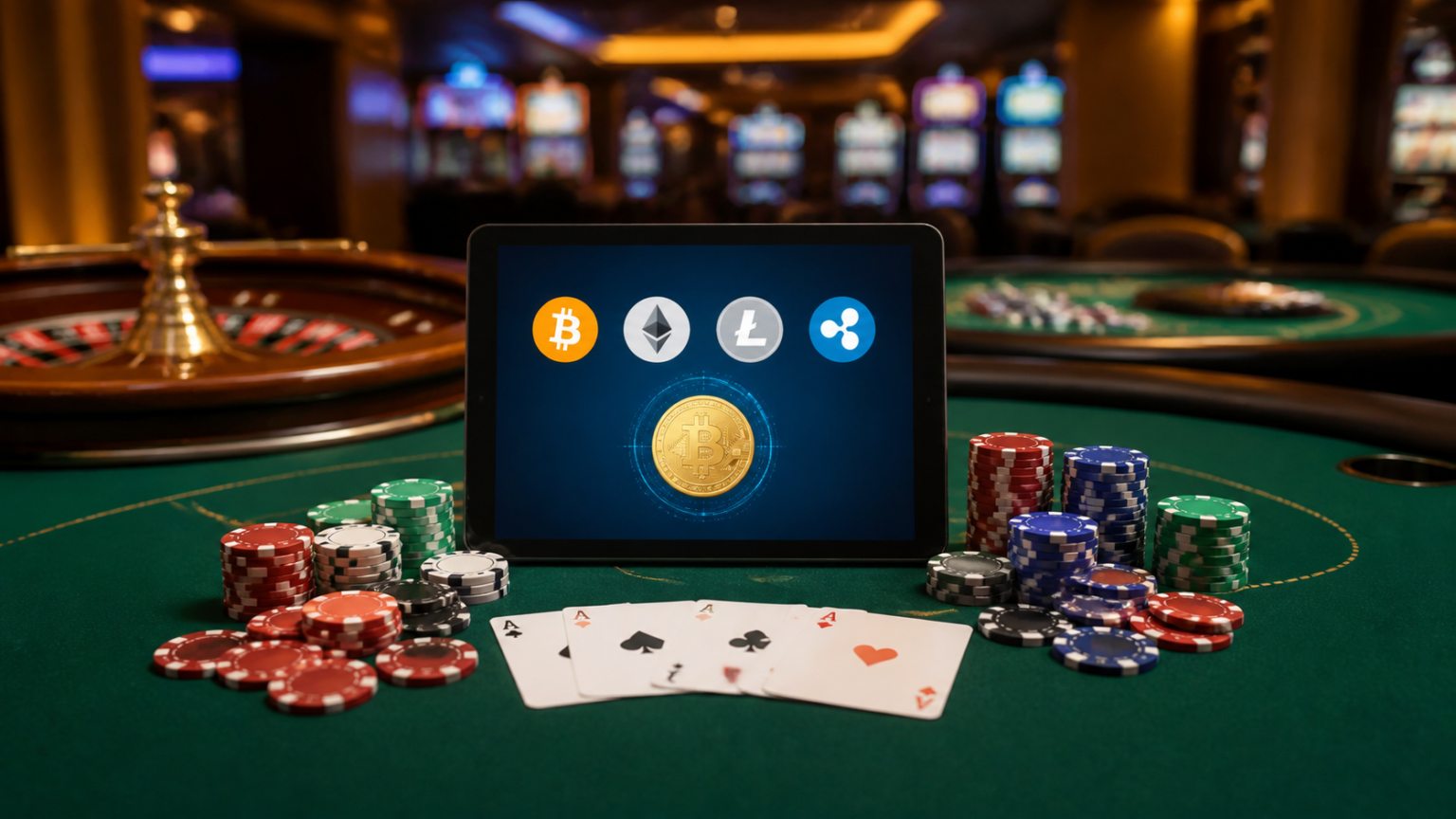 Poker Online Migliori Siti per Principianti: Elementi da Confrontare Casino table with chips, cards, and a crypto payment screen